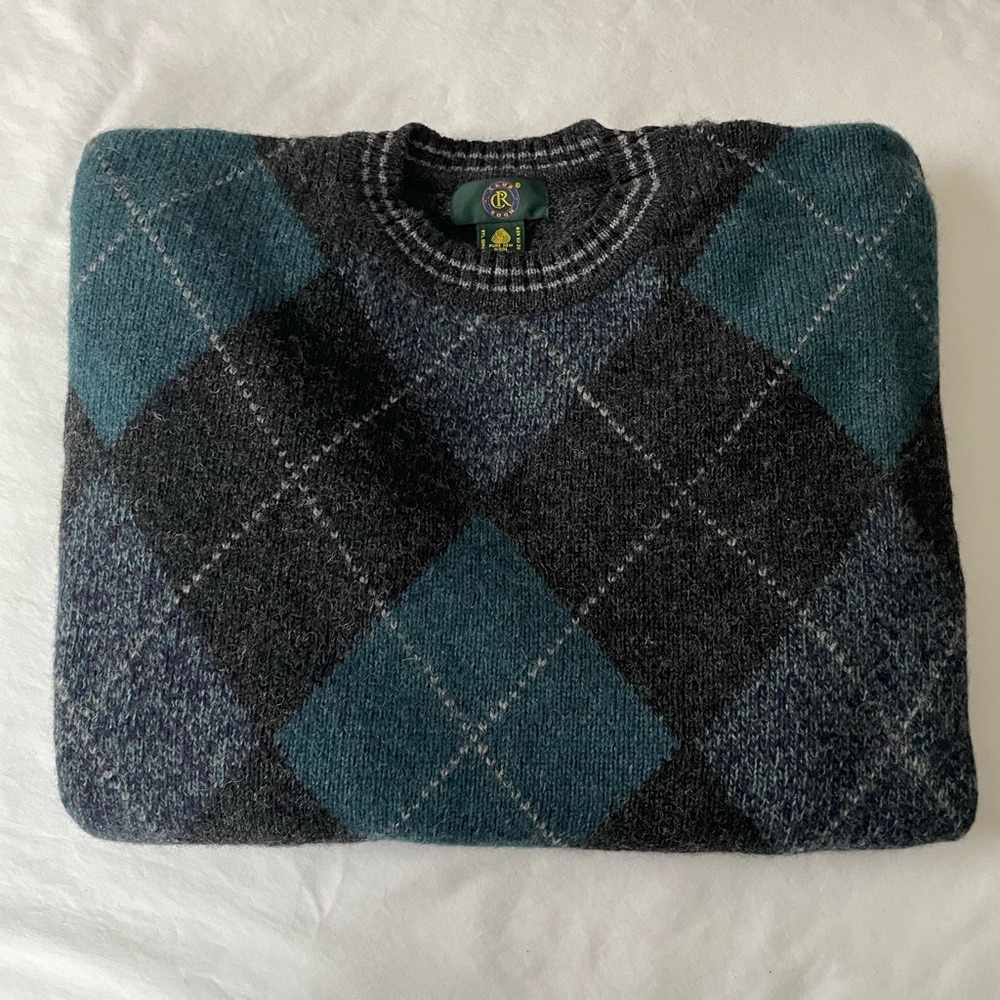 Men’s Large Shetland 100% Wool  Argyle Crewneck Sweater - Teal and Gray,
